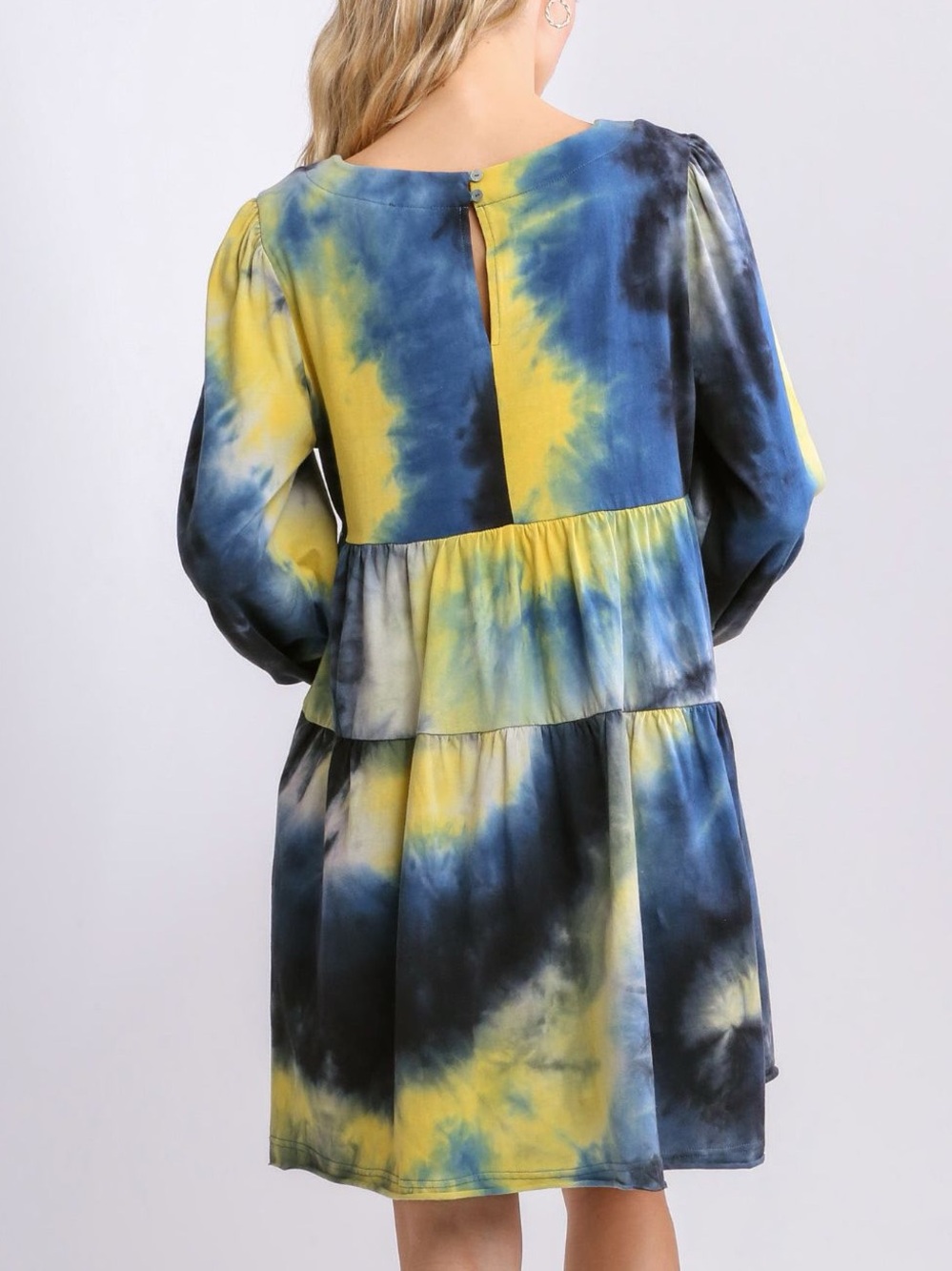 Umgee Tie-Dye Long Sleeve Dress in Blue, Yellow, Black Sz M - Picture 2 of 5